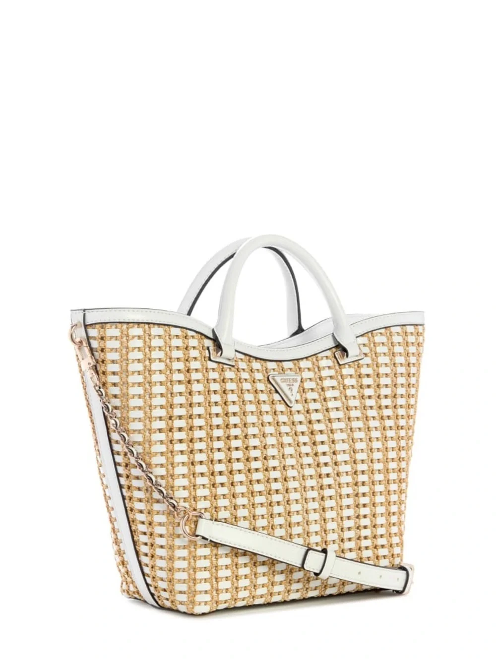 New GUESS White and Natural Woven Tote with Detachable Strap